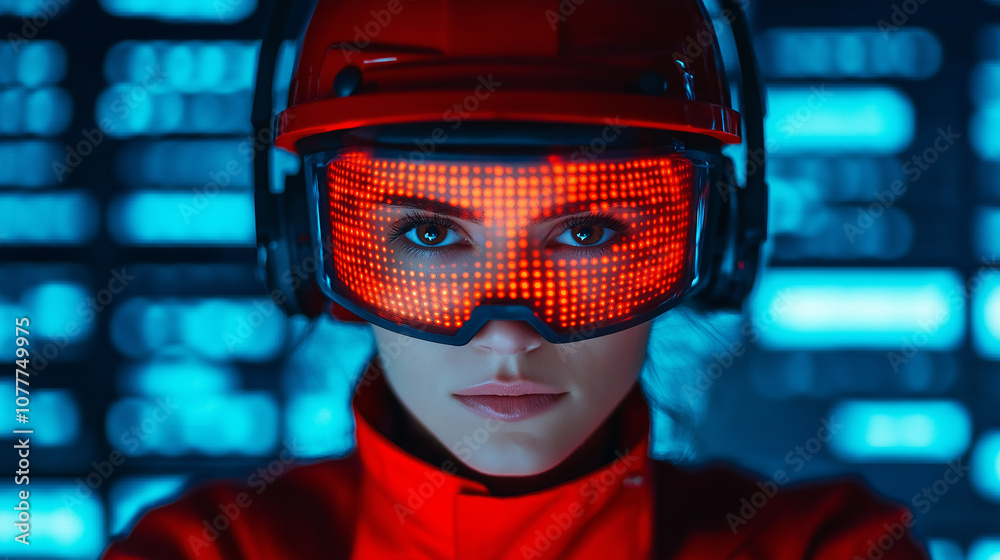 Fototapete scientist using quantum encryption technology, wearing red helmet and visor, focused on data analysis in high tech environment