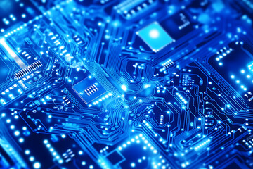 Close-up of a glowing neon circuit board pattern, showcasing intricate lines and electronic pathways in a vibrant blue hue
