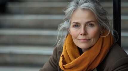 Fototapeta premium Middle-Aged Woman in Thoughtful Reflection Sitting on Library Steps, with Soft Wrinkles and Subtle Grey Hairs, Gentle Sunlight Casting Shadows in Realistic Portrait Style for a Quiet and Nostalgic Moo