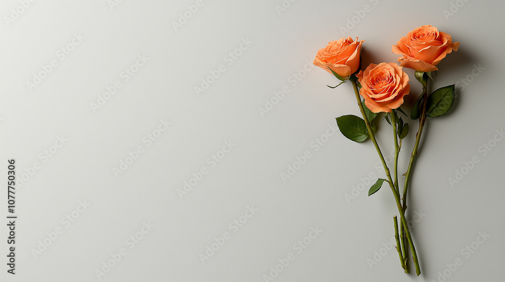 Poster soft and inviting image of three orange roses with green leaves, beautifully arranged on light backg