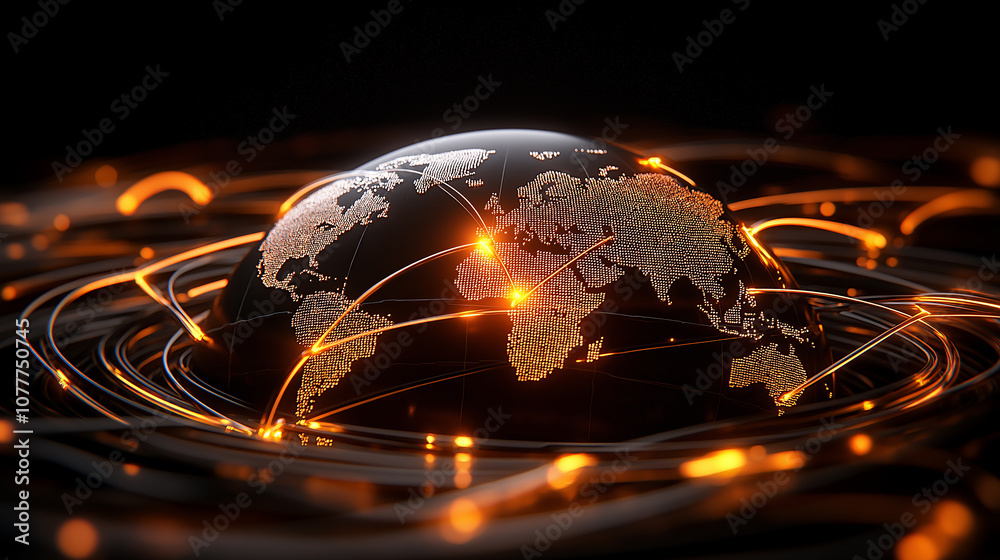 Poster visual of globe with interconnected countries, showcasing global connectivity and technology. glowing lines represent data flow and communication across world