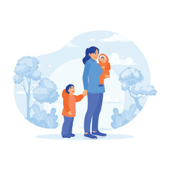 Young mother with her children. A mother takes care of and cares for children. Family lifestyle activity concept. Flat vector illustration.