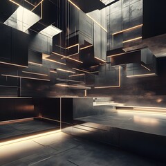 Fototapeta premium 12. A dynamic 3D space with floating geometric panels, glowing lines, and an ample vertical space for product presentation.