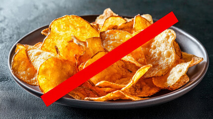 plate of crispy fried potato chips with bold red line across it, indicating prohibition. image captures texture and golden color of chips, evoking sense of indulgence