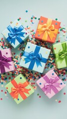 Obraz premium Colorful Wrapped Presents Scattered for Festive Holiday Display