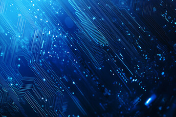 Close-up of a glowing neon circuit board pattern, showcasing intricate lines and electronic pathways in a vibrant blue hue