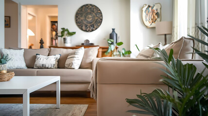 Cozy living room featuring a light beige sofa adorned with decorative pillows, a white coffee table, lush green plants, and elegant wall decor for a warm, inviting atmosphere.