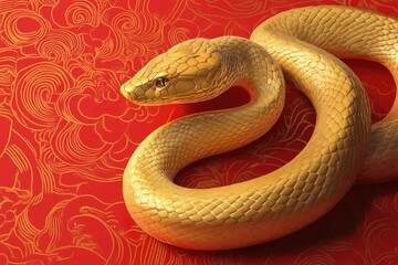 Obraz premium Golden Snake on Red Background with Intricate Patterns