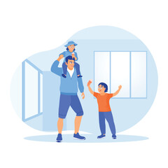 Father playing with his children at home. Father carrying daughter on shoulders. Family lifestyle activity concept. Flat vector illustration.