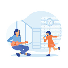 Mother and daughter playing music together. Young mother playing guitar and daughter singing. Family lifestyle activity concept. Flat vector illustration.