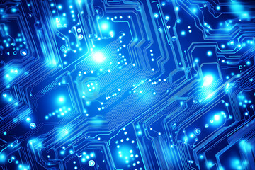 Close-up of a glowing neon circuit board pattern, showcasing intricate lines and electronic pathways in a vibrant blue hue