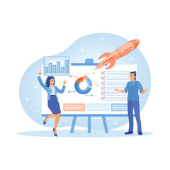 The business team carries out the project closing process. Ensure work is done on time. Project implementation concept. Flat vector illustration.