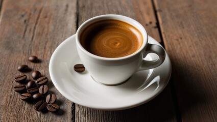 single white ceramic espresso cup and saucer placed on a rustic wooden table. The espresso cup is filled with a rich, dark brown coffee, topped with a light layer of crema