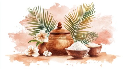 A serene arrangement featuring clay pots, palm leaves, and bowls of white powder. Tamil Thai Pongal Day	
