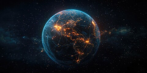 Fototapeta premium A globe with glowing dots and lines spreading across the continents, showing the interconnectedness of a worldwide digital network.