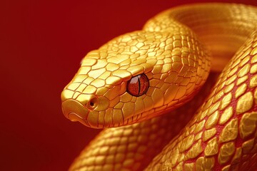 Fototapeta premium Close-up of a Golden Snake with Red Eyes on a Red Background