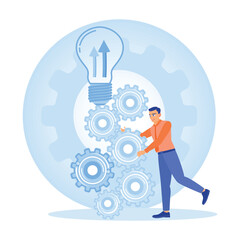 Businessman develops new projects. Increase work productivity. Project implementation concept. Flat vector illustration.