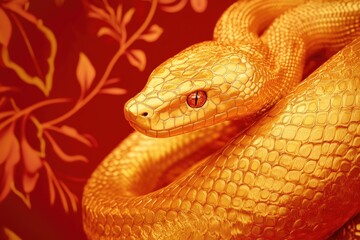 Fototapeta premium A Golden Snake With Red Eye Against a Red Background