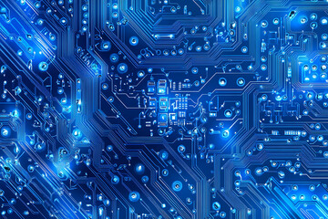 Close-up of a glowing neon circuit board pattern, showcasing intricate lines and electronic pathways in a vibrant blue hue
