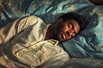 Young Black man peacefully sleeping on a blue pillow in soft morning light, wearing a white shirt, with a calm and serene expression.