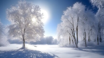 A snow-covered forest with tall trees and a bright blue sky. The sun shines through the branches, casting long shadows on the white snow.