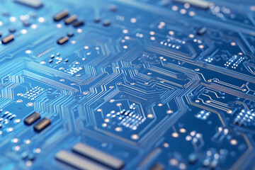 Close-up of a glowing neon circuit board pattern, showcasing intricate lines and electronic pathways in a vibrant blue hue
