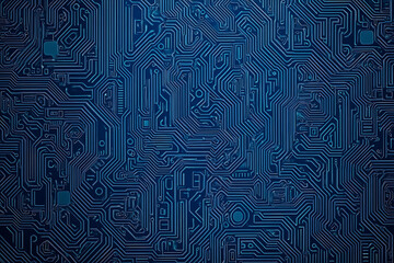 Close-up of a glowing neon circuit board pattern, showcasing intricate lines and electronic pathways in a vibrant blue hue
