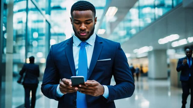 A man in a suit is looking at his cell phone in a busy area