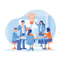 Business team holding meeting in office. Brainstorm ways to improve marketing. Launching Advertising Campaign concept. Flat vector illustration.