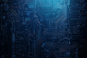 Close-up of a glowing neon circuit board pattern, showcasing intricate lines and electronic pathways in a vibrant blue hue

