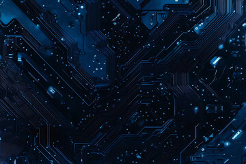 Close-up of a glowing neon circuit board pattern, showcasing intricate lines and electronic pathways in a vibrant blue hue
