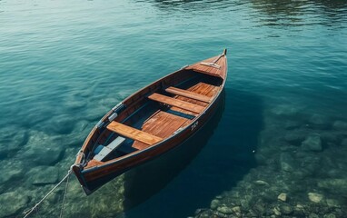 Obraz premium A wooden boat floating on clear water, anchored near a rocky shoreline.