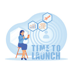 Businesswoman presses Time to Launch button on mobile phone. Planning a marketing strategy. Launching Advertising Campaign concept. Flat vector illustration.