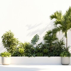 Obraz premium Tropical vegetation for concrete planters with white background, for architectural facades, inspiration on babilonian gardens,generative ai