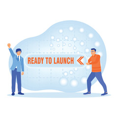The text is ready to launch on the virtual screen. Businessmen and colleagues ready to promote new products. Time to launch concept. Flat vector illustration.