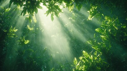 Naklejka premium Sunlight penetrates the dense vegetation of the tropical rainforest canopy, creating a lush layer of green plants. Capturing the beauty and tranquility of nature in the pristine rainforest environment