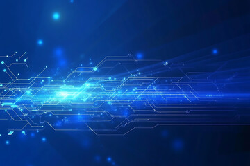 Close-up of a glowing neon circuit board pattern, showcasing intricate lines and electronic pathways in a vibrant blue hue