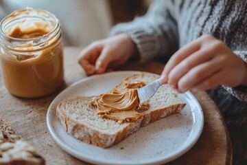 Child spreading peanut butter on bread slice with knife