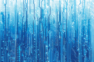 Close-up of a glowing neon circuit board pattern, showcasing intricate lines and electronic pathways in a vibrant blue hue