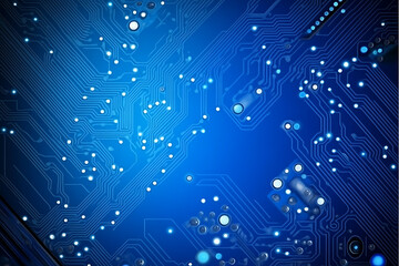 Close-up of a glowing neon circuit board pattern, showcasing intricate lines and electronic pathways in a vibrant blue hue