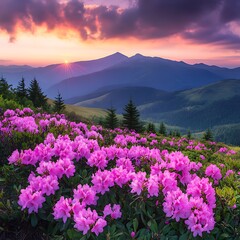 Fototapeta premium Pink rhododendron flowers in the Carpathian mountains