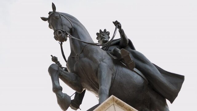 Looking Up At Sculpture Of King Ferdinand I of Romania on Unirii Square In Oradea, Romania. low angle shot