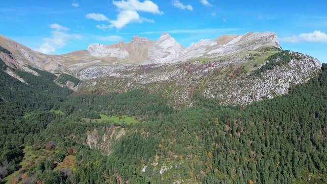 Majada de gabardito near canfranc with lush forests and rocky mountains in arag&oacute;n spain, aerial view