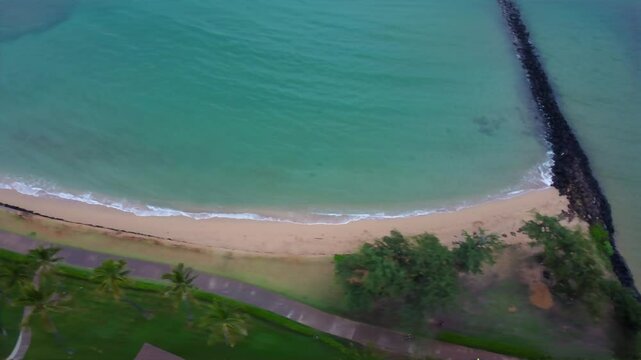 Kapaa Beach Park. Top down View of kappa beach in Kauai Hawaii. Aerial view of tropical Hawaiian beach with turquoise blue water