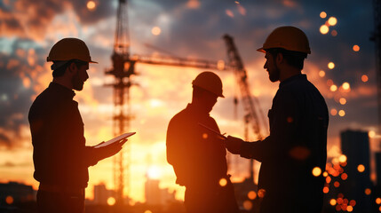 Civil engineers collaborating at sunset on construction site, showcasing teamwork and technology. silhouettes against vibrant sky highlight their dedication