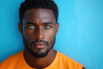 Obraz premium a puzzled african american man wearing an orange top standing against a solid blue background his expression captures curiosity and contemplation evoking a sense of intrigue and relatability