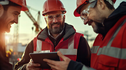 Group of civil engineers collaborating on construction site, using digital technology to enhance project efficiency and communication. Their teamwork reflects dedication and innovation