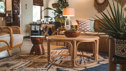 Cozy living room featuring rattan furniture, a stylish coffee table, decorative plants, and warm lighting, creating a welcoming and inviting atmosphere for relaxation.