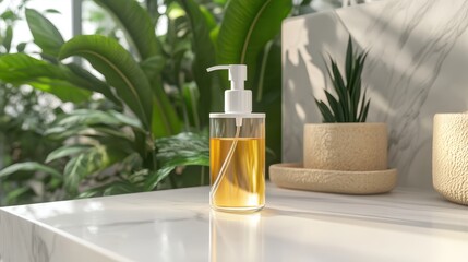 Elegant Bathroom Vanity with Pump Bottle and Plants