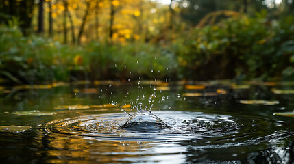 Fototapeta premium A high-speed photograph capturing a water droplet creating a splash in a calm pond with ripples extending outward 